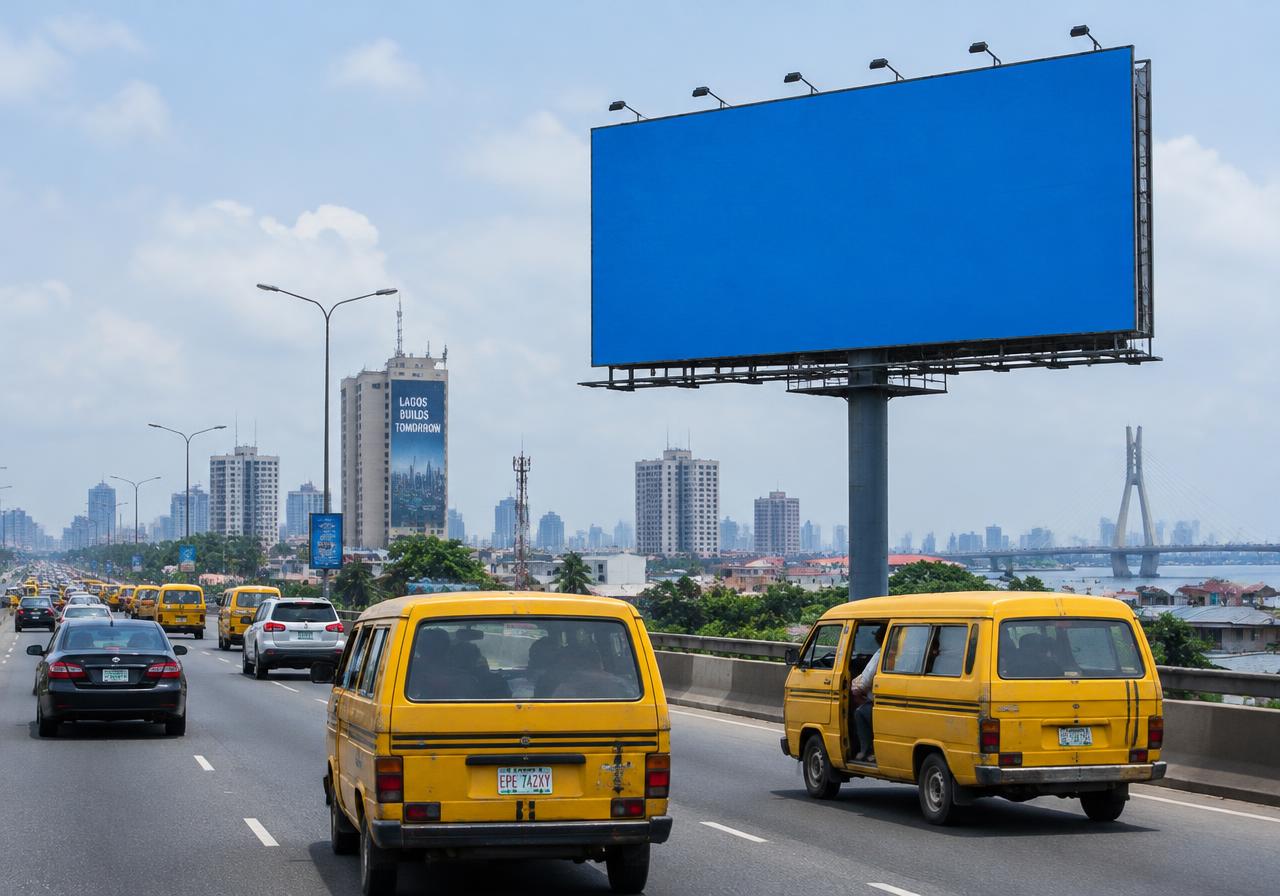 Roadside billboard above Lagos traffic